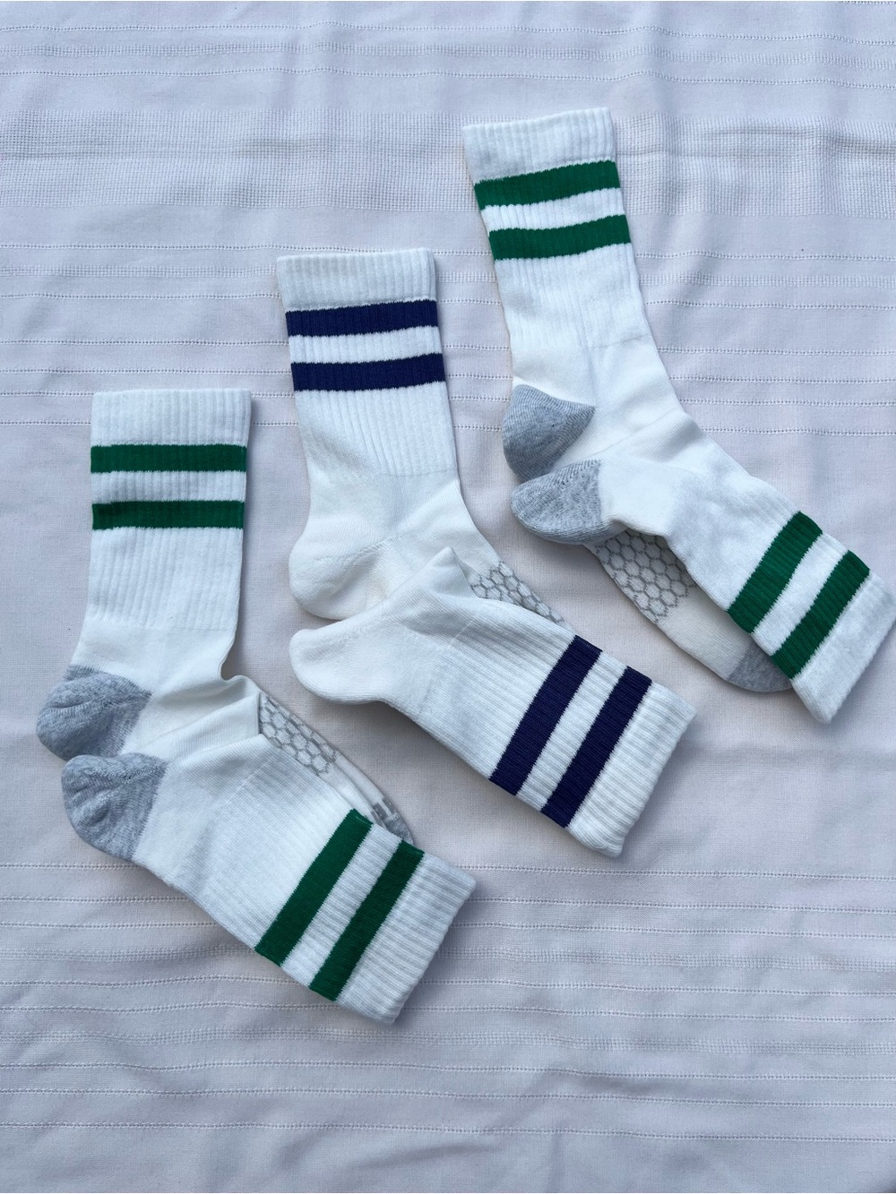 Bombas White Athletic Crew Socks with Green and Navy Stripes - Picture 11 of 14